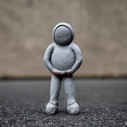 Image similar to photo of vinyl plastic painted toy grey moon face with craters with hands standing on legs wearing sneakers