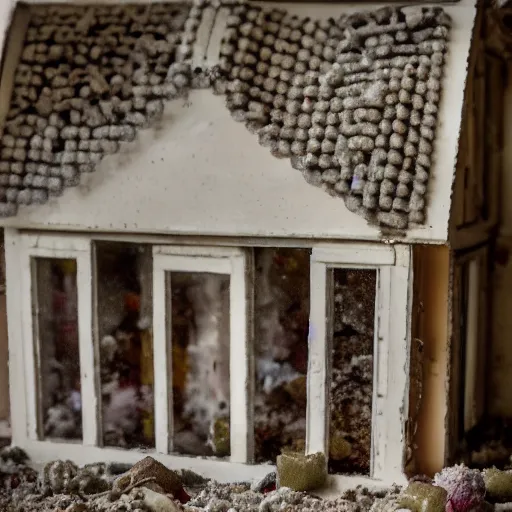 Image similar to sour patch kids at war inside abandoned dollhouse