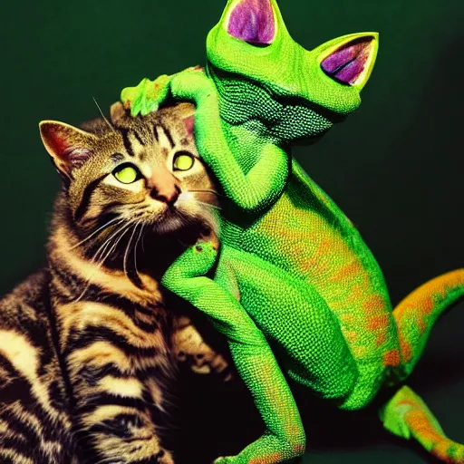 Prompt: photo of a cat and chameleon best friends