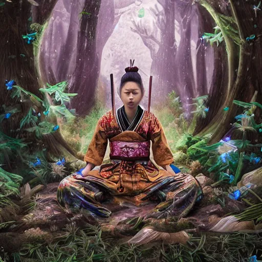 Prompt: magical samurai floating meditating in enchanted forest, digital art, surreal, beautiful, detailed, highly detailed, intricate, powerful warrior, glowing, prismatic, pearlescent, portrait, detailed, realism, classical