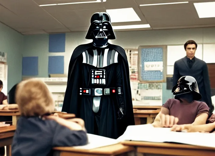 Image similar to film still of Darth Vader working as a high school teacher in the new Star Wars movie, 4k