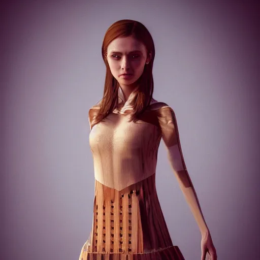 Image similar to beautiful girl in a dress made of wood, beautiful portrait, symmetrical, character concept style trending on artstation concept art detailed octane render cinematic photo - realistic 8 k high detailed