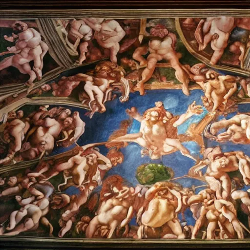 Image similar to realistic biblical painting of the flying spaghetti monster, on the ceiling of the sistine chapel, painted by michaelangelo