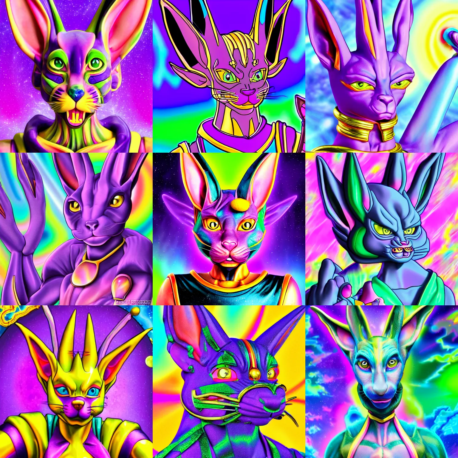 Prompt: hyper realistic photo of lord beerus in the style of lisa frank, 3 5 mm, detailed close up shot