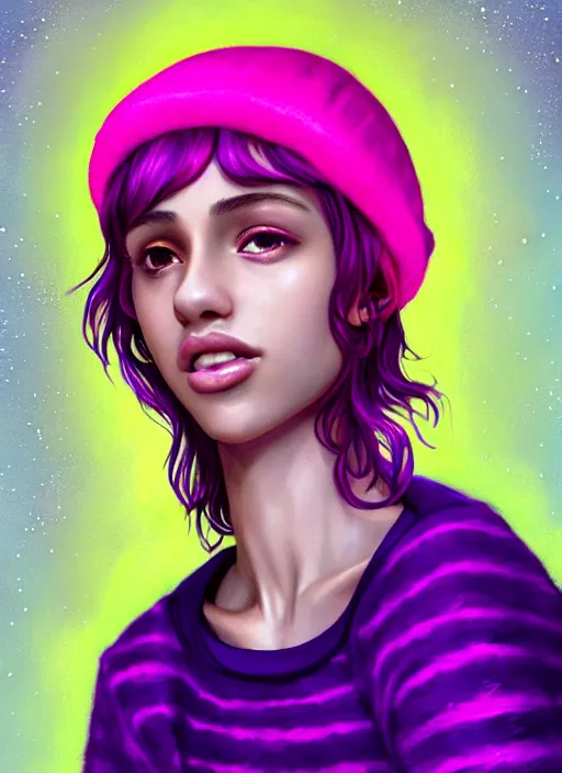 Image similar to portrait of teenage vanessa morgan with bright pink hair, vanessa morgan, curly pixie cut hair, wearing a purple breton cap, breton cap, hoop earrings, intricate, elegant, glowing lights, highly detailed, digital painting, artstation, concept art, smooth, sharp focus, illustration, art by wlop, mars ravelo and greg rutkowski