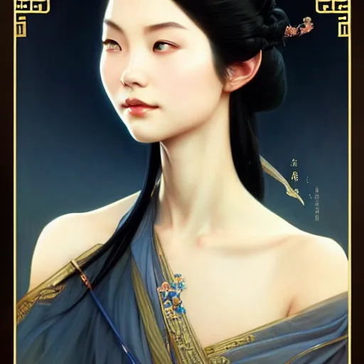 Image similar to ‘elegant Chinese princess, D&D, blue eyes, black hair, fantasy, intricate, elegant, highly detailed, digital painting, artstation, concept art, smooth, sharp focus, illustration, art by artgerm and greg rutkowski and alphonse mucha’