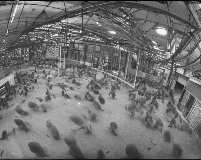 Prompt: camera footage of a Hundreds of Rabid Zerg in an abandoned shopping mall, high exposure, dark, monochrome, camera, grainy, CCTV, security camera footage, timestamp, zoomed in, fish-eye lens, Nightmare Fuel, Evil, Zerg, Brood Spreading, Hive, horrifying, lunging at camera :4