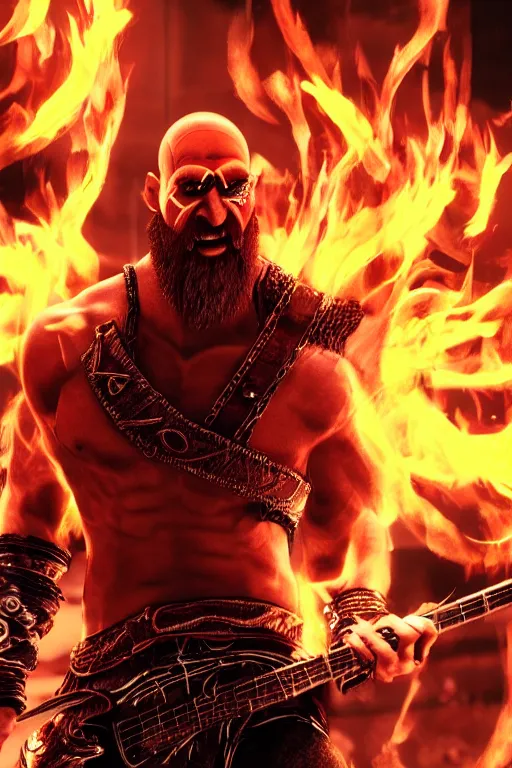 Prompt: sunglasses wearing kratos rocking out on a flaming stratocaster guitar, cinematic render, god of war 2 0 1 8, playstation studios official media, lightning, flames, red stripe, red facial stripe, clear, coherent