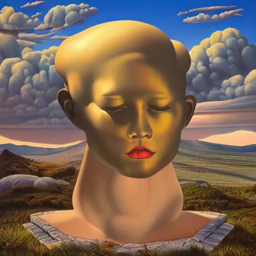 Image similar to hyperrealstic surrealism landscape, giant mannequin head ruins by alex gross