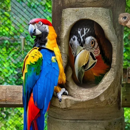 Prompt: Falcon and macaw parrot hybrid animal, realistic photo, taken in zoo,