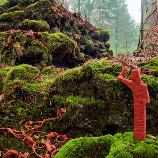 Image similar to the ruins of a giant stone brick village in a breathtaking landscape, red vines and moss growing over everything, a broken stone statue of a man with a red stone sword pointing into the distance