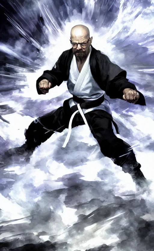 Prompt: Epic Concept art of grandmaster walter white wearing a white martial artist gi, fighting pose with clenched fists, bald head and white beard, emanating white smoke, fog fills the area, character surrounded by wispy smoke, plain background, by Chen Uen, art by Yoji Shinkawa, 4k