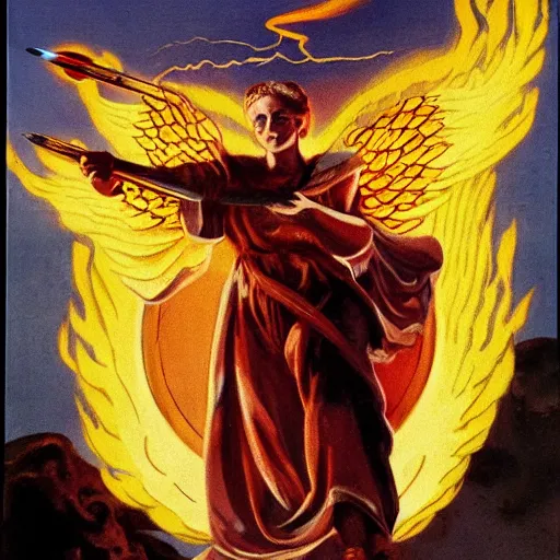 Prompt: propaganda piece featuring an angel holding a flaming sword, flying in the sky, health, strength, confidence, hyper - realistic