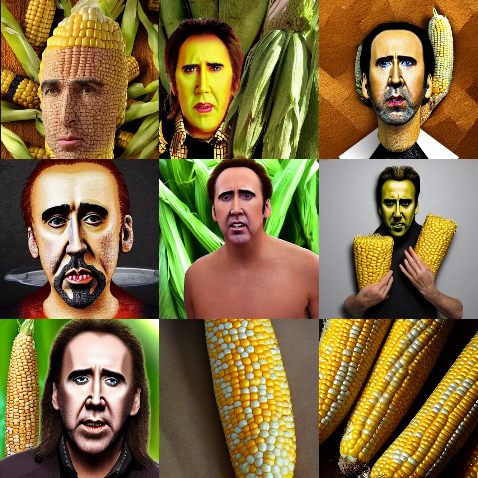 Prompt: nicolas cage corn hybrid, skin is made if corn, is trapped in a corn cob