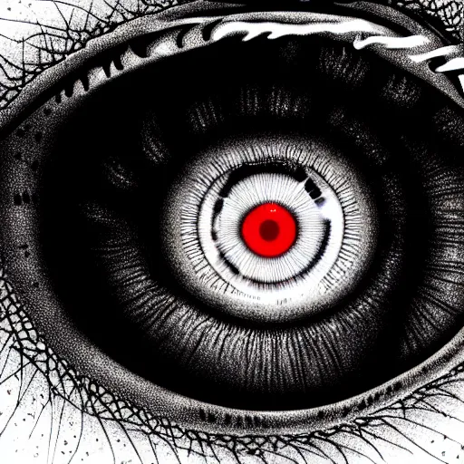 Image similar to a detailed extremely close up of inside the iris, cornea, red image, microscopic, extremely close up drawing by junji ito, cgsociety, generative art, lovecraftian, parallax, cosmic horror, extremely detailed, hyperrealism, unreal engine, octane render, award winning, masterpiece, highly detailed, realistic, 4 k, digital