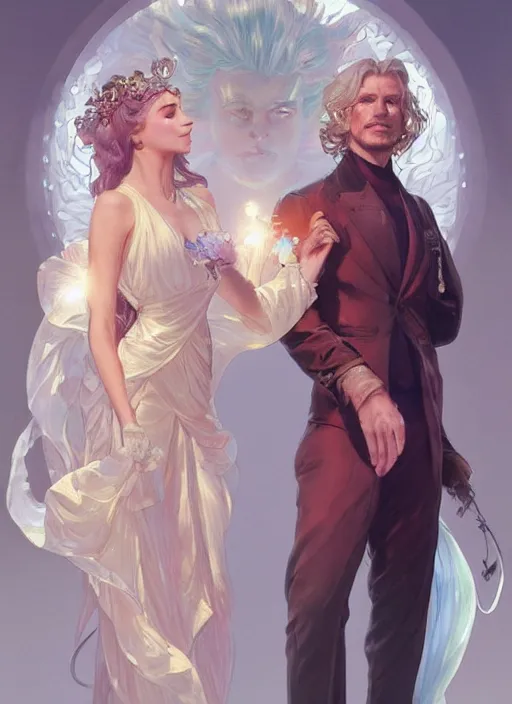 Image similar to a couple made of sparkling crystal, a man and a woman, diamond and rose quartz, full body view, beautiful high quality realistic fantasy art, trending on artstation by artgerm and greg rutkowski and alphonse mucha