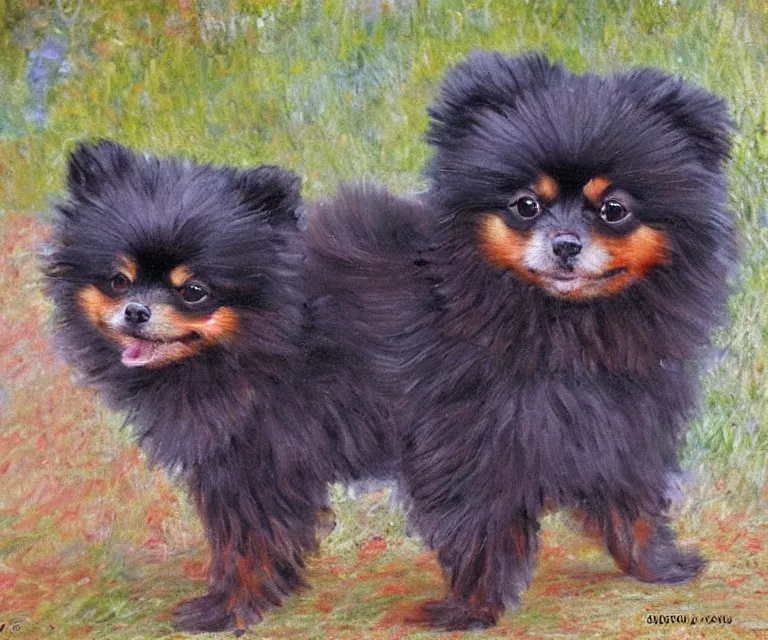 Image similar to black and brown pomeranian, cute, monet, oil painting