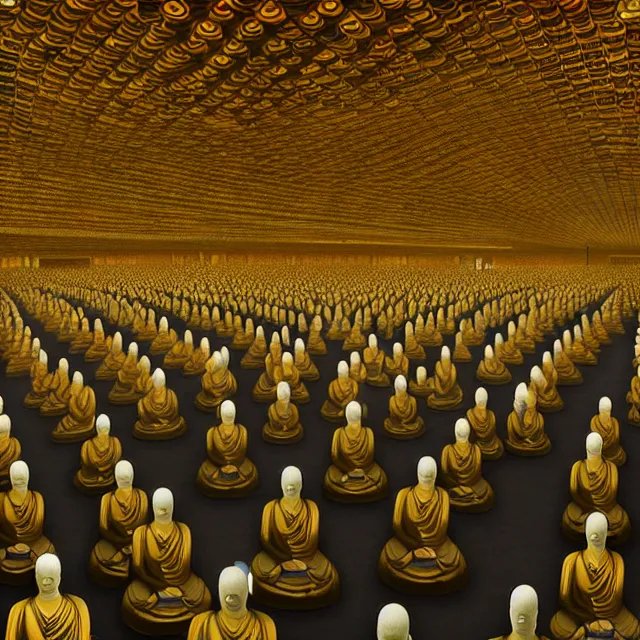 Image similar to a beautiful painting the subway station is full of hundreds of buddhas, by ultra detailed, hyper realistic, volumetric lighting render