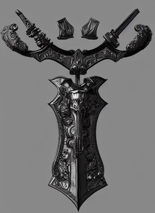 Image similar to a black long sword skull crest, orthographic, ornament, weapon, a 3 d render by dom qwek, front side views full, trending on polycount, artstation, hard surface modeling, rendered in maya, 3 ds max, blender, hd, vray, berserk blood