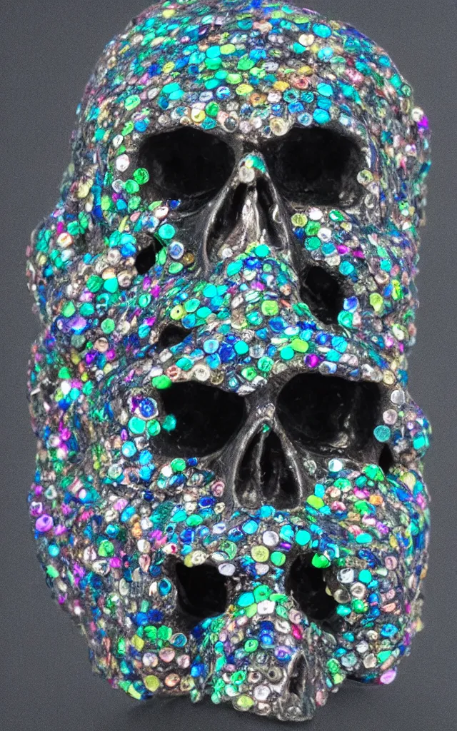 Image similar to jewelry skull made of prismatic crystals, dark background, studio shot