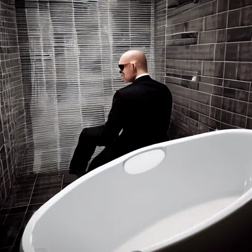 Prompt: photo of hitman agent 4 7 sitting inside a bubble bath