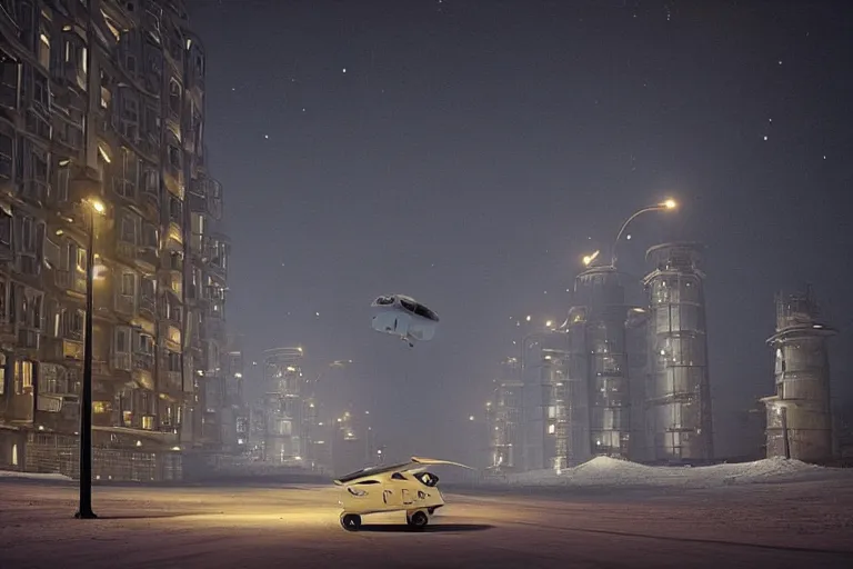Image similar to an emty street of a futuristic city on the Moon called Noviy Norilsk, with a flying car at night with only by one street light, photo by Gregory Crewdson,