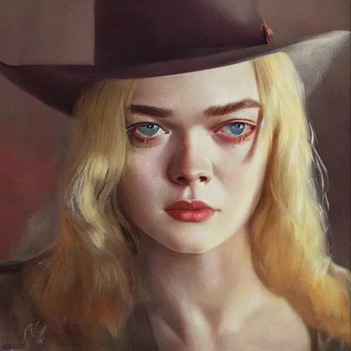 Prompt: ultra realistic portrait painting of elle fanning as a western outlaw, art by frank frazetta and bosch, 8 k, ultra realistic, highly detailed, epic lighting, dark vibes, vintage levi ’ s ad,