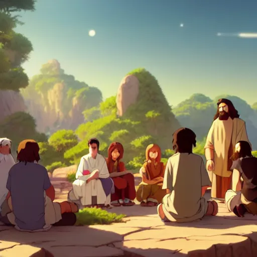 Image similar to a wholesome animation key shot of jesus christ teaching his disciples sitting on a pile of rocks, medium shot, waist up, studio ghibli, pixar and disney animation, sharp, rendered in unreal engine 5, anime key art by greg rutkowski, bloom, dramatic lighting