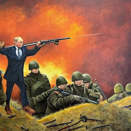 Image similar to Putin is sitting in the trenches and defending himself from Ukrainian troops, Retro futuristic painting style