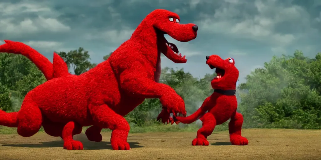 Image similar to clifford the big red dog fighting godzilla