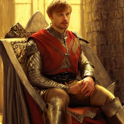 Prompt: attractive bradley james as king arthur pendragon, sat in his throne, natural lighting, path traced, highly detailed, high quality, digital painting, by gaston bussiere, craig mullins, j. c. leyendecker