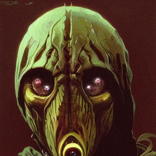 Prompt: close - up portrait impassive black - scaled mutant cyborg with bronze eyes, grim expression, and insect tentacle wrapped tightly around neck like scarf, wearing cloak on blasted plain, science fiction concept art by greg rutkowski, alphonse mucha, gaston bussiere, brom, deak ferrand, and beksinski