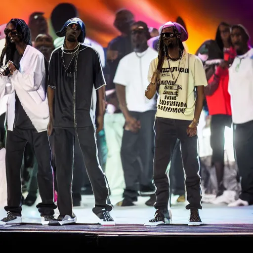 Image similar to stage full of Snoop Doggs, highly detailed, high quality, HD, 4k, 8k, Canon 300mm, professional photographer, 40mp, lifelike, top-rated, award winning, realistic, sharp, no blur, edited, corrected, trending