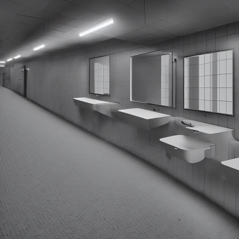 Image similar to an infinite public restroom with endless stalls and endless sinks fading into the distance, cinematic lighting, volumetric lighting, award winning photography, highly detailed, intricate, sharp focus, 4 k wallpaper, unreal engine, 9 0 mm, f / 1. 4