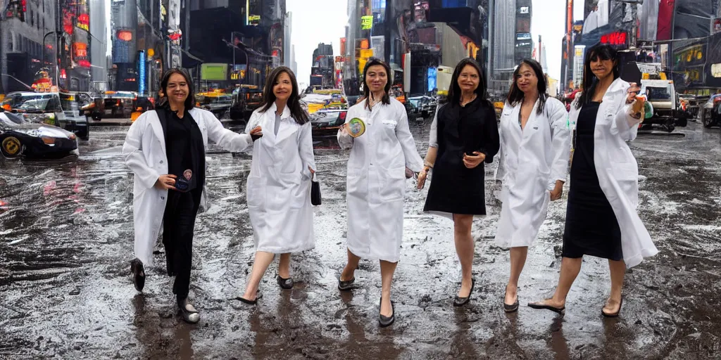 Image similar to 3 beautiful woman plaque doctors wearing white wet short sun dresses walking toward the camera in the wet cyberpunk streets of new york at sunset, police hover cars in the background, mud puddles,