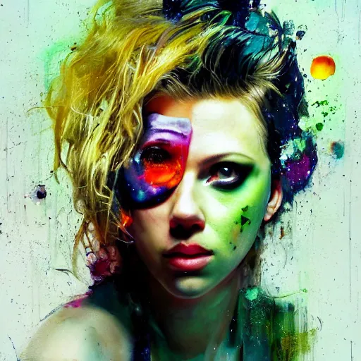 Image similar to drunken scarlett johansson as delirium from sandman, one green eye and one blue eye, ( hallucinating colorful soap bubbles ), by jeremy mann, by sandra chevrier, by dave mckean and richard avedon and maciej kuciara, 8 0's, punk rock, tank girl, high detailed, 8 k