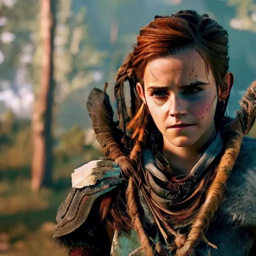 Image similar to emma watson as aloy from the new horizon zero dawn movie, movie still, 8 k, realistic