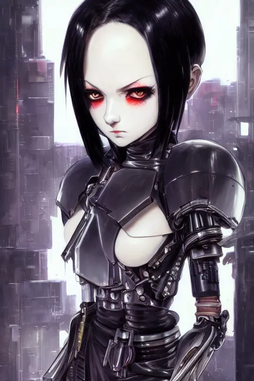 Image similar to portrait Anime goth cyberpunk girl mechanical armor, blame, cute-fine-face, black-hair pretty face, realistic shaded Perfect face, fine details. Anime. Warhammer 40000, realistic shaded lighting by Ilya Kuvshinov katsuhiro otomo ghost-in-the-shell, magali villeneuve, artgerm, rutkowski, WLOP Jeremy Lipkin and Giuseppe Dangelico Pino and Michael Garmash and Rob Rey and Tsutomu Nihei