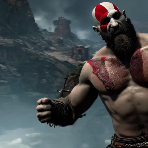 Image similar to kratos, jumping a black harley - davidson motorcycle off a cliff, cinematic render, playstation studios official media, god of war 2 0 1 8