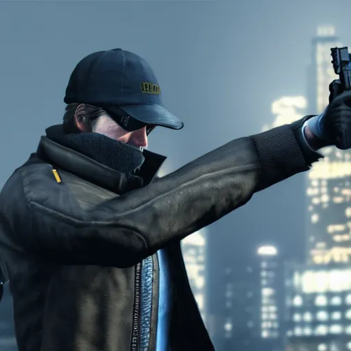 Prompt: aiden pearce from Watch Dogs pointing a gun directly to the camera mad eyes