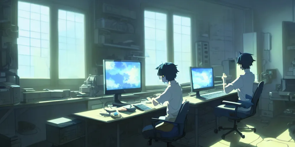 Image similar to a nerdy boy is programming at a computer in a room full of gadgets, by makoto shinkai and ghibli studio, dramatic lighting, highly detailed, incredible quality, trending on artstation