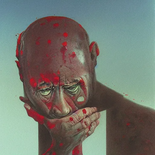 Image similar to Painting in a style of Beksinski featuring bibi netanyahu crying. Pain and suffering in the background