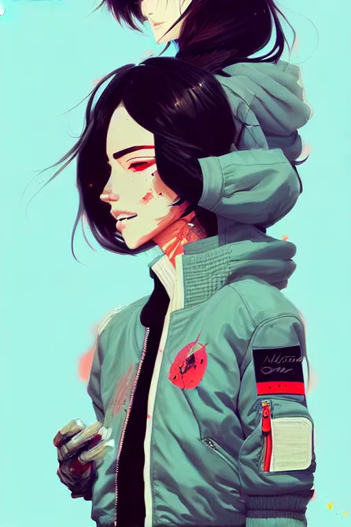 Image similar to a ultradetailed beautiful painting of a stylish woman wearing a bomber jacket, by conrad roset, greg rutkowski and makoto shinkai trending on artstation