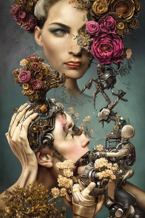 Prompt: a beautiful ultradetailed vintage photo of two angry cyborgs butting heads, by tom bagshaw and anna dittman, portrait, vignette, 8 5 mm lens, golden ratio composition, detailed faces, studio photography, very detailed, humanoids overgrown with flowers, industrial robots, artstation, 8 k, highly coherent