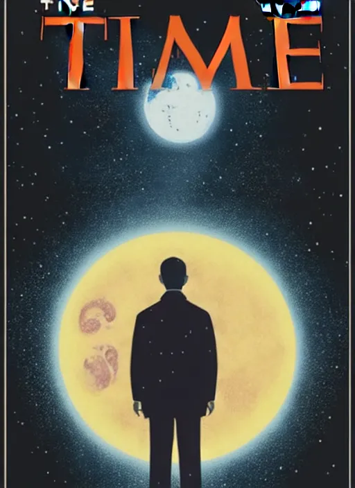 Prompt: the cover of time magazine with a man standing in front of a planet, poster art by Emiliano Ponzi, trending on cg society, private press, sci-fi, elite, cosmic horror