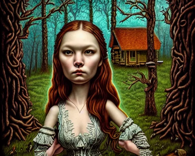 Image similar to intricate detailed portrait of a character in front of a cabin in a dark mysterious forest by mark ryden