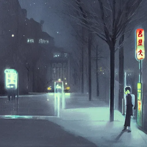 Image similar to dark city bus stop, painting by Hayao Miyazaki,ArtStation