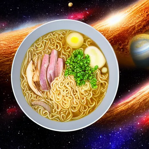 Image similar to Delicious looking bowl of ramen floating in space, space telescope, stars, galaxies