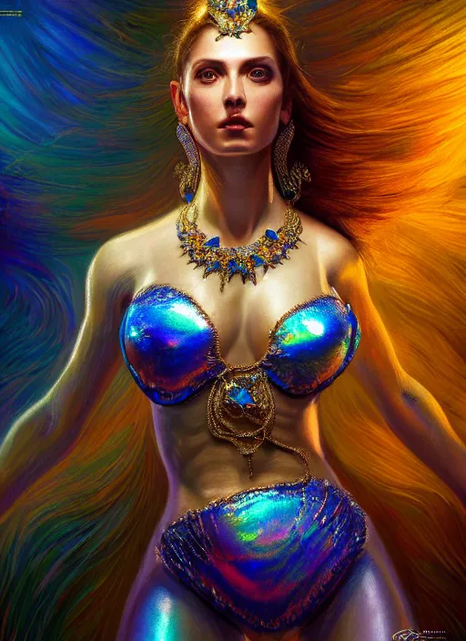 Image similar to iridescent scene with a pale attractive women wearing sapphire jewelry and clothing made of steel and silk, background hyper detailed, character concept, full body, dynamic pose, glowing lights intricate, elegant, highly detailed, digital painting, artstation, concept art, sharp focus, illustration, perez fabian, zaragoza gilberto soren, barcelo tomas