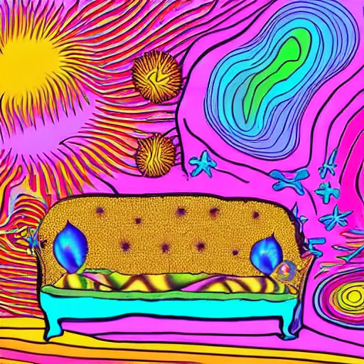 Image similar to psychedelic trippy couch in space, experimental mess, transitioning couch, non discrete couch, musical couch, small but dominant couch, wavy trippy world couch, rice burger couch, steak and eggs couch, hairless, bald, shaven couch, no eyebrows, skin couch, weird people couch